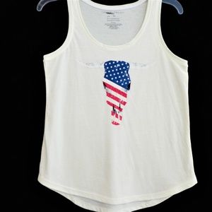 Tank Graphic White Tee Patriotic Stars Stripes Bull Skull Flag XS